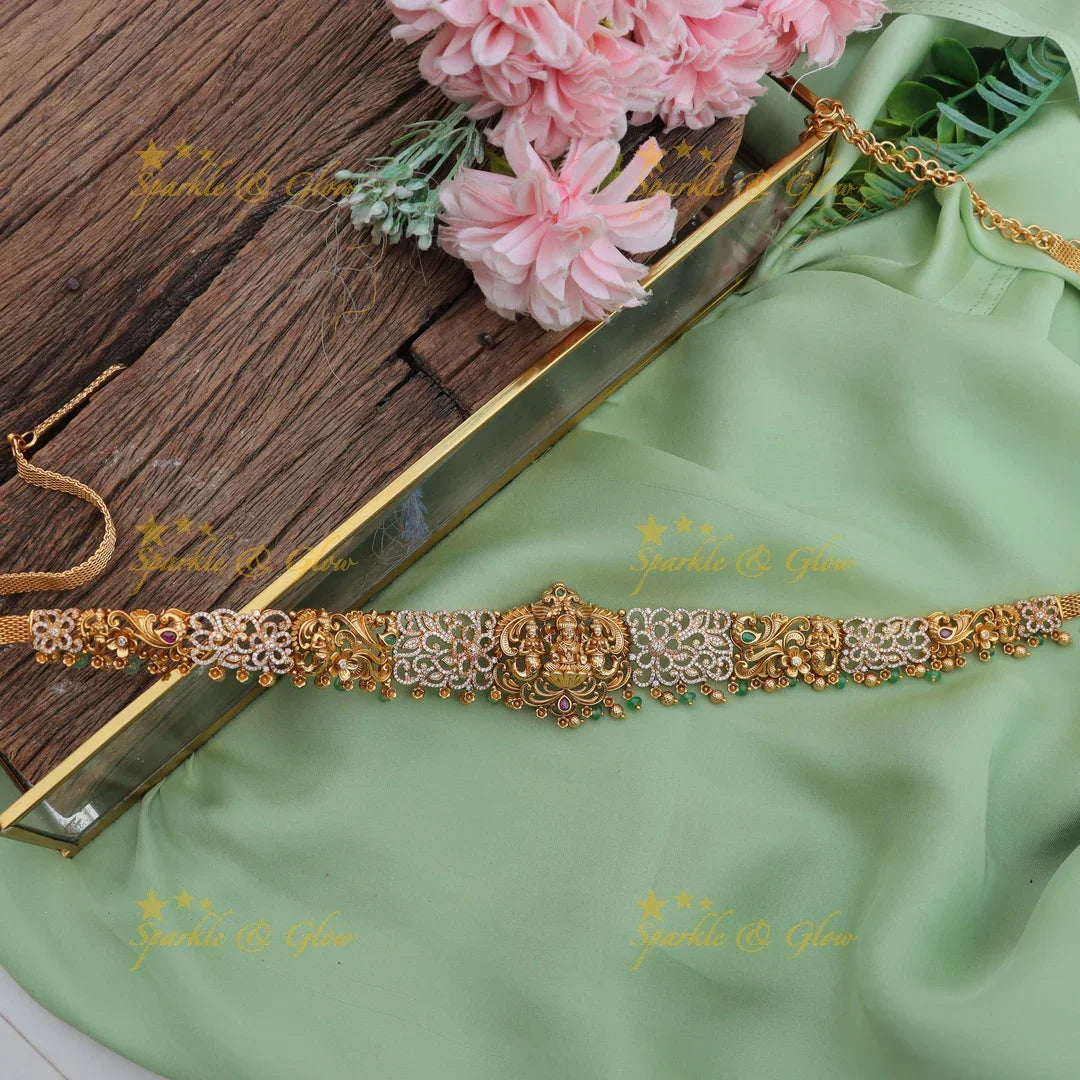 Antique Lakshmi Temple Hip Chain with Pearls & AD Stones