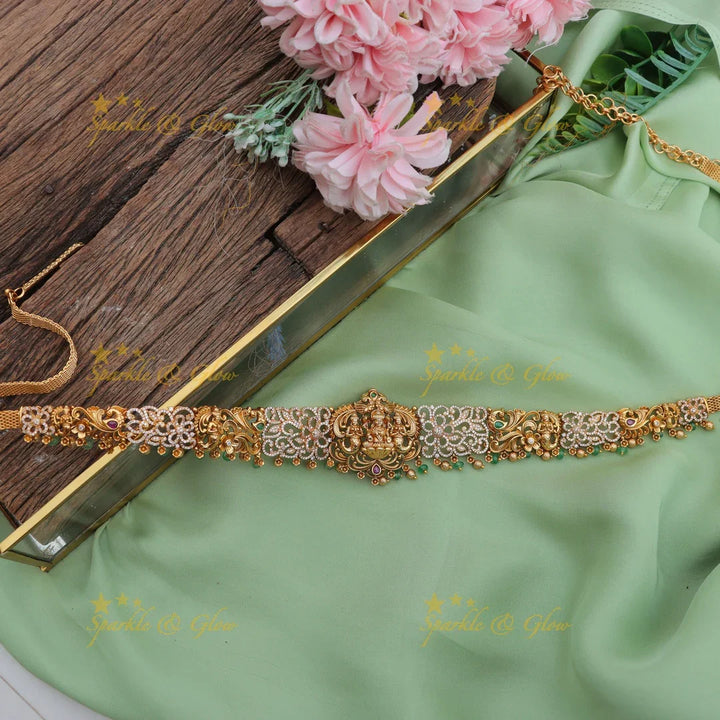 Antique Lakshmi Temple Hip Chain with Pearls & AD Stones