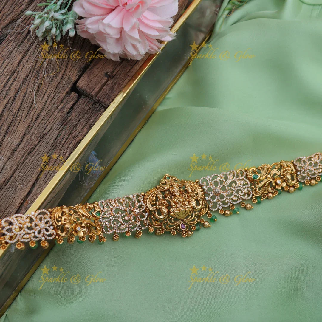 Antique Lakshmi Temple Hip Chain with Pearls & AD Stones