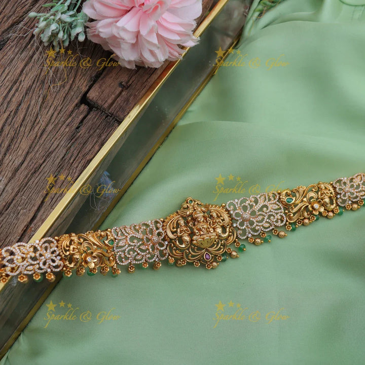 Antique Lakshmi Temple Hip Chain with Pearls & AD Stones