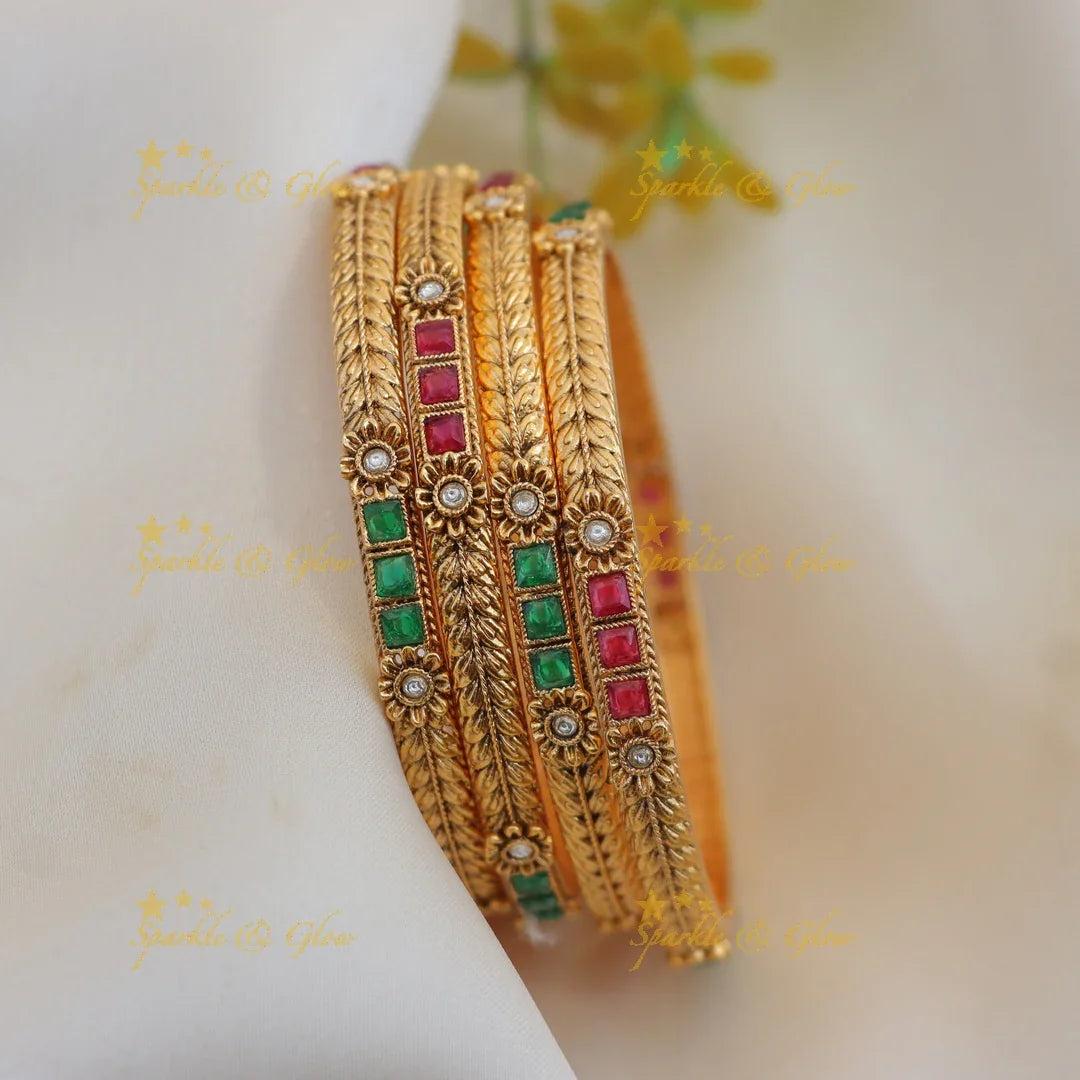 Traditional Gold alike Floral Bangles with Ruby & Emerald Stones