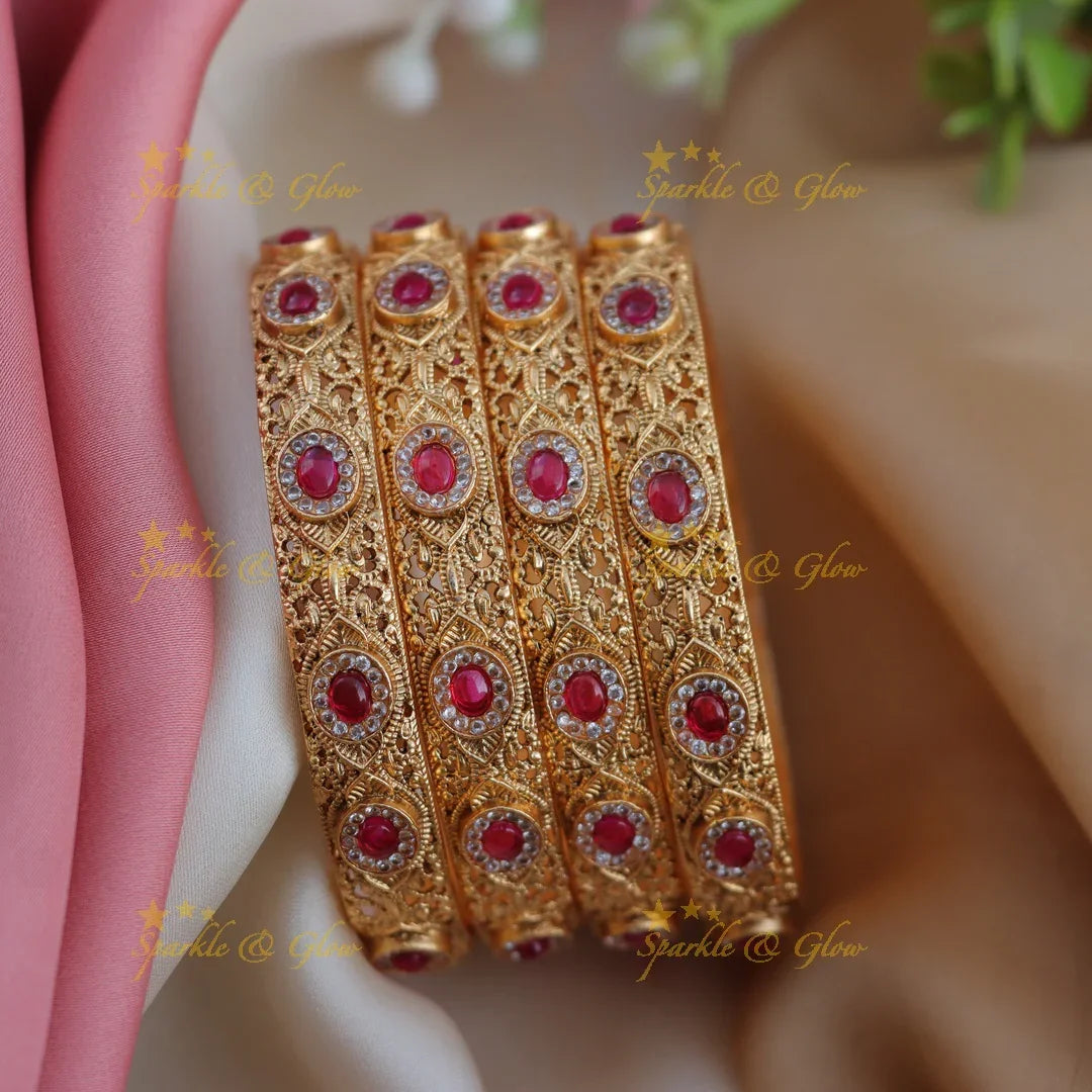 Antique Gold alike Bangles with Ruby Oval Stones