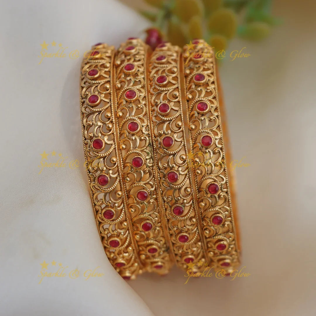 Antique Gold alike Bangles with Intricate Filigree & Ruby Stones