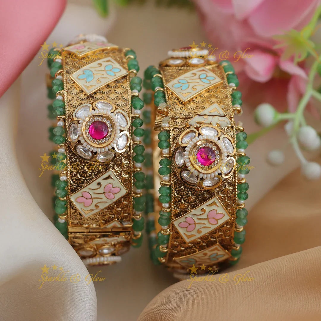 Meenakari Kundan Bangles with Green Beads & Floral Motifs