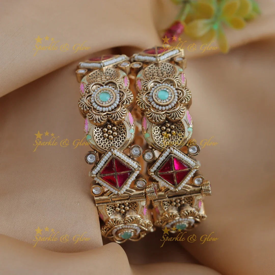 Intricately carved Kundan Floral Meenakari design Bangles