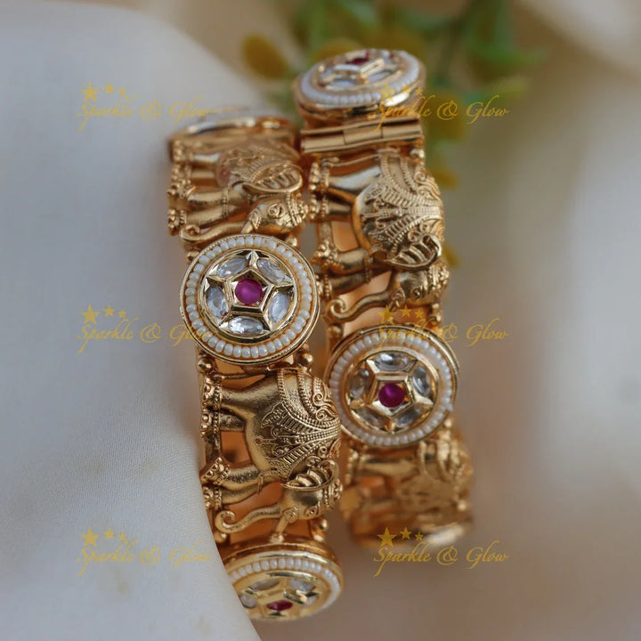 Stunning Elephant Floral carved Pearl cluster Bangles