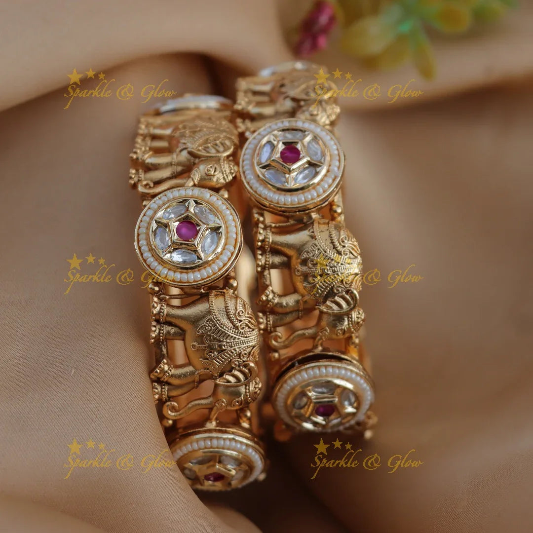 Stunning Elephant Floral carved Pearl cluster Bangles
