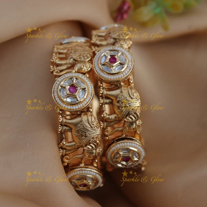 Stunning Elephant Floral carved Pearl cluster Bangles