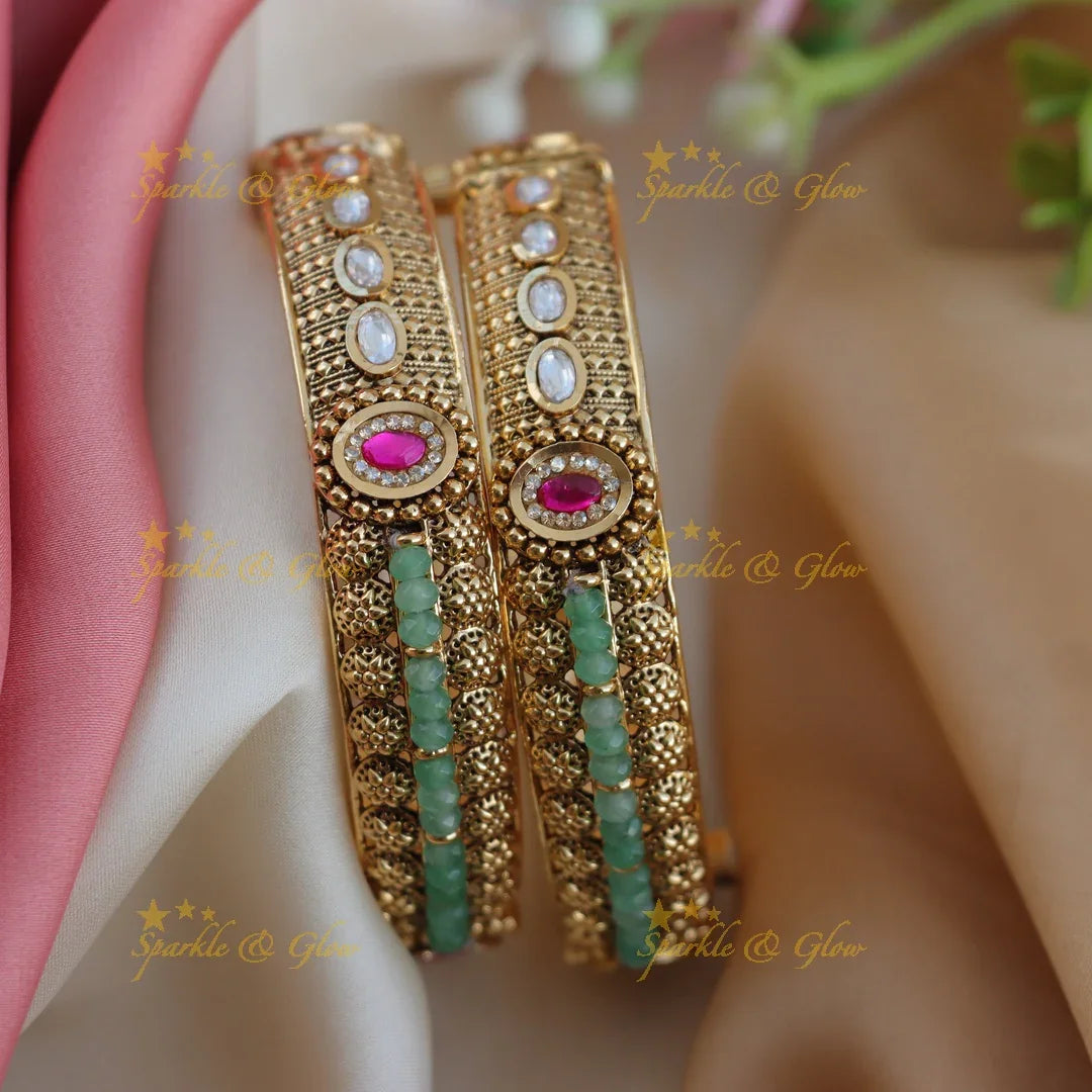 Antique Gold alike Bangles with Ruby Oval Stones & Green Bead Inlay