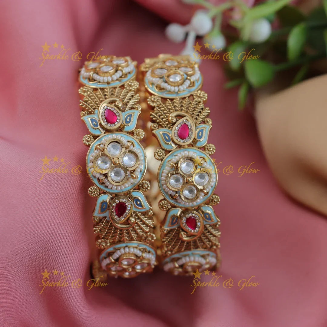 Intricately carved Kundan Lotus Floral Bangles with Meenakari work