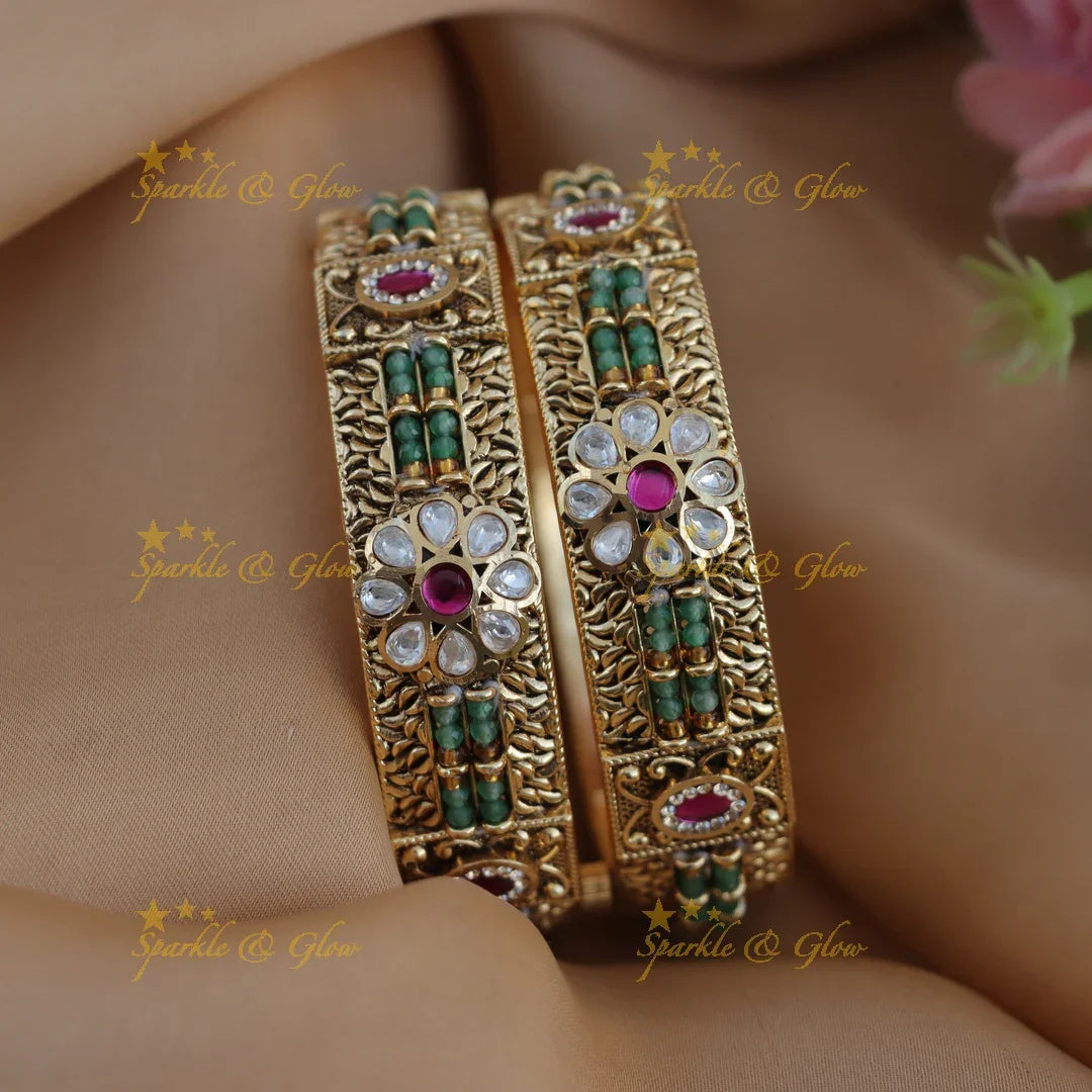 Antique Gold alike Bangles with Green Beads & Kundan Floral Center