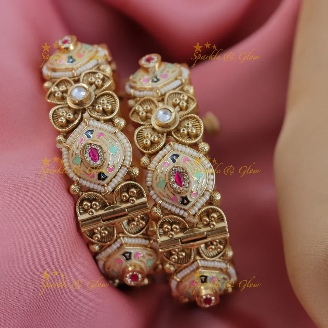 Pastel Kundan Meenakari Bangles with Ruby & Pearl Detailing