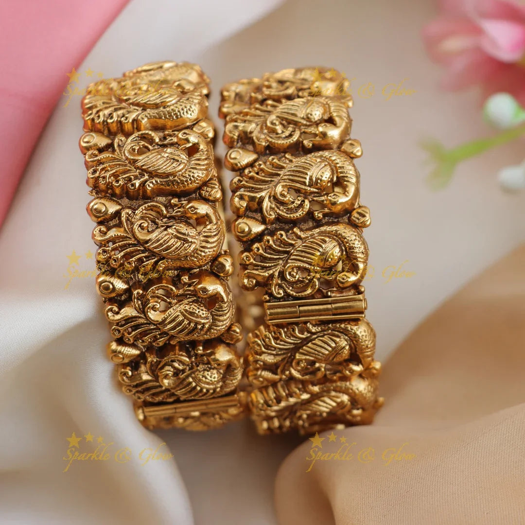 Antique Gold alike Temple Bangles with Intricate Peacock Motifs