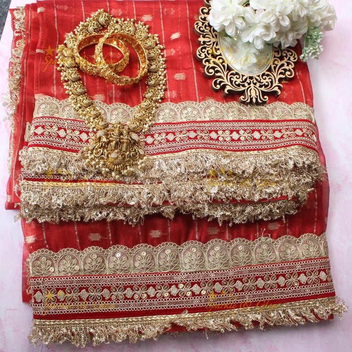 Elegant Red Banarasi Silk Saree with Golden Zari Border