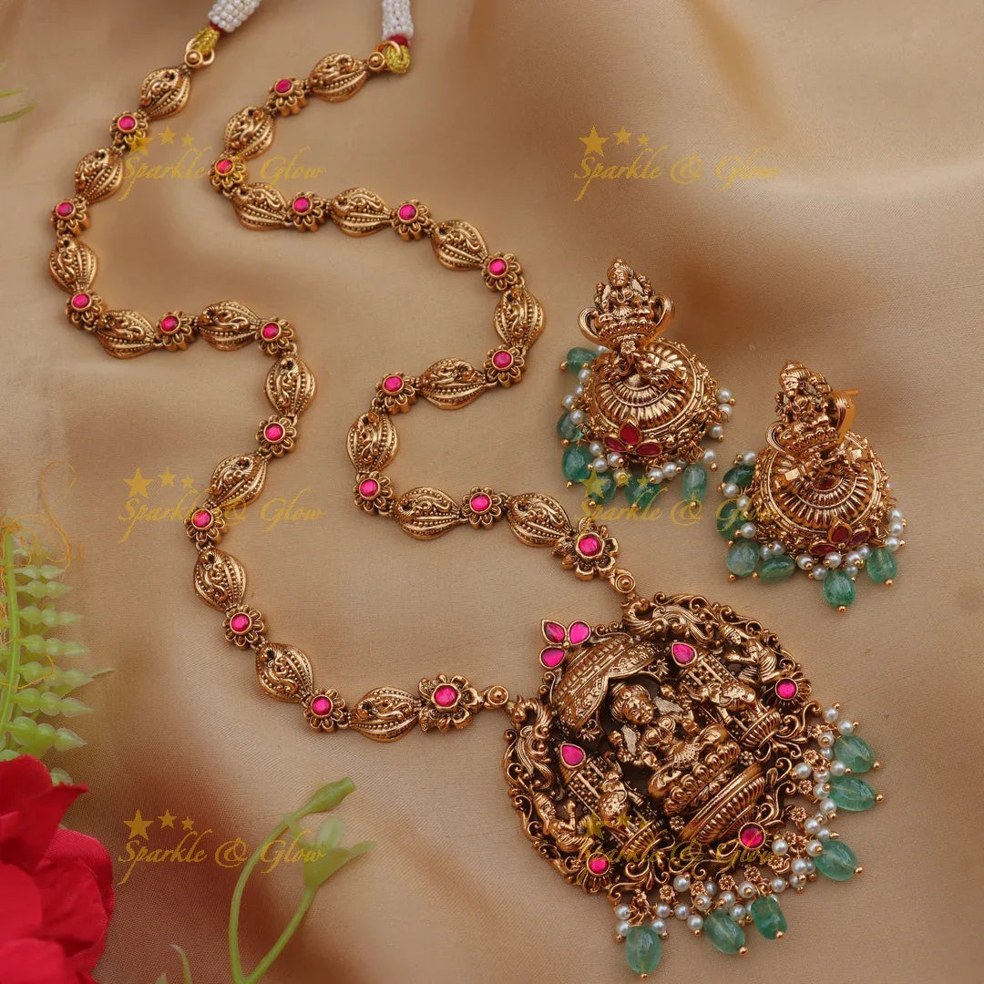 Grand Lakshmi Temple Haram Set with Green Beads & Earrings