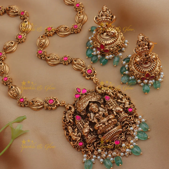 Grand Lakshmi Temple Haram Set with Green Beads & Earrings