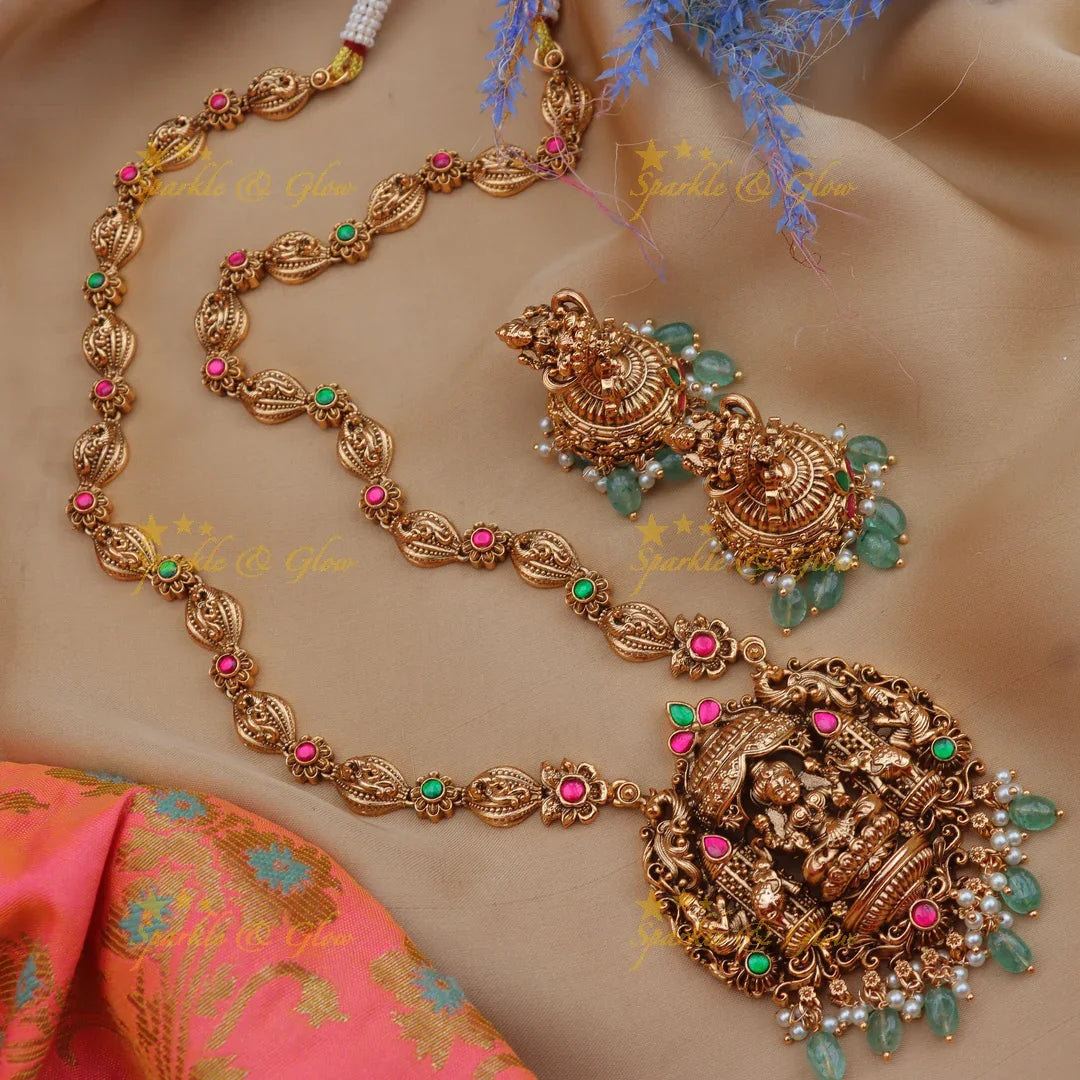 Grand Lakshmi Temple Haram Set with Green Beads & Earrings