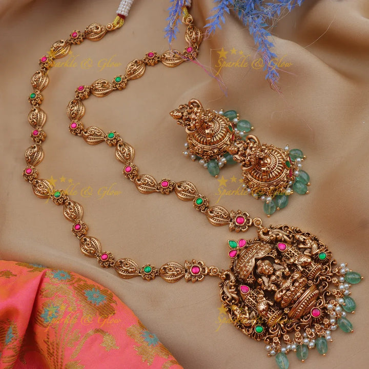 Grand Lakshmi Temple Haram Set with Green Beads & Earrings