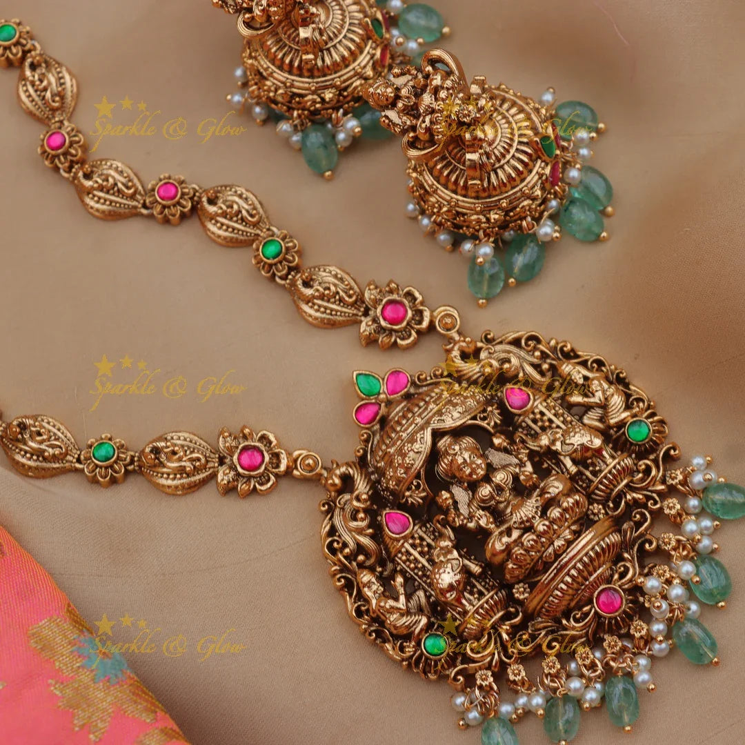 Grand Lakshmi Temple Haram Set with Green Beads & Earrings