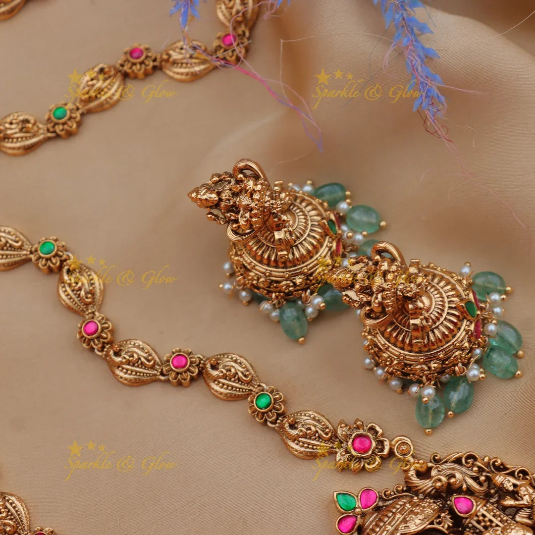 Grand Lakshmi Temple Haram Set with Green Beads & Earrings
