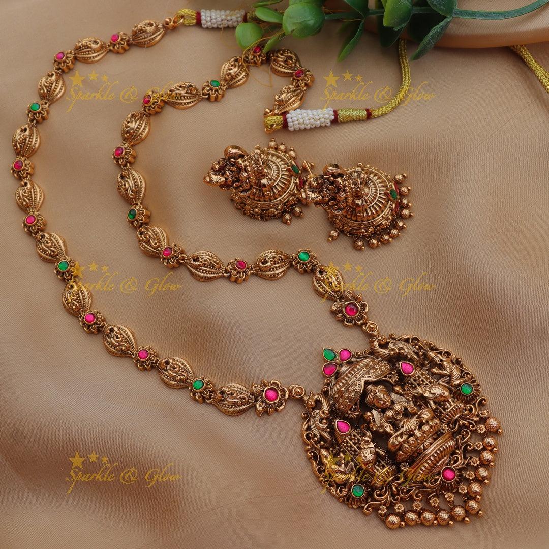 Grand Lakshmi Temple Haram Set with Green Beads & Earrings