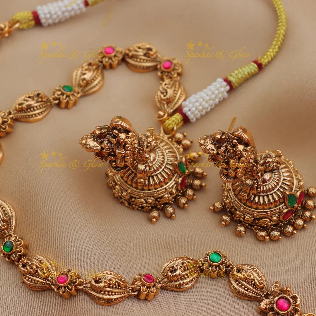 Grand Lakshmi Temple Haram Set with Green Beads & Earrings