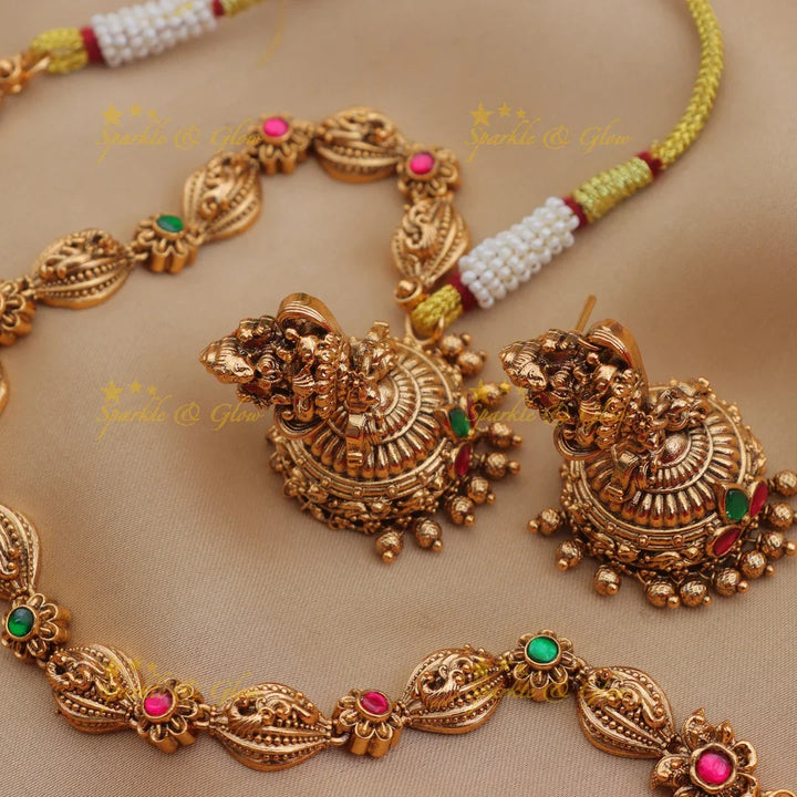 Grand Lakshmi Temple Haram Set with Green Beads & Earrings