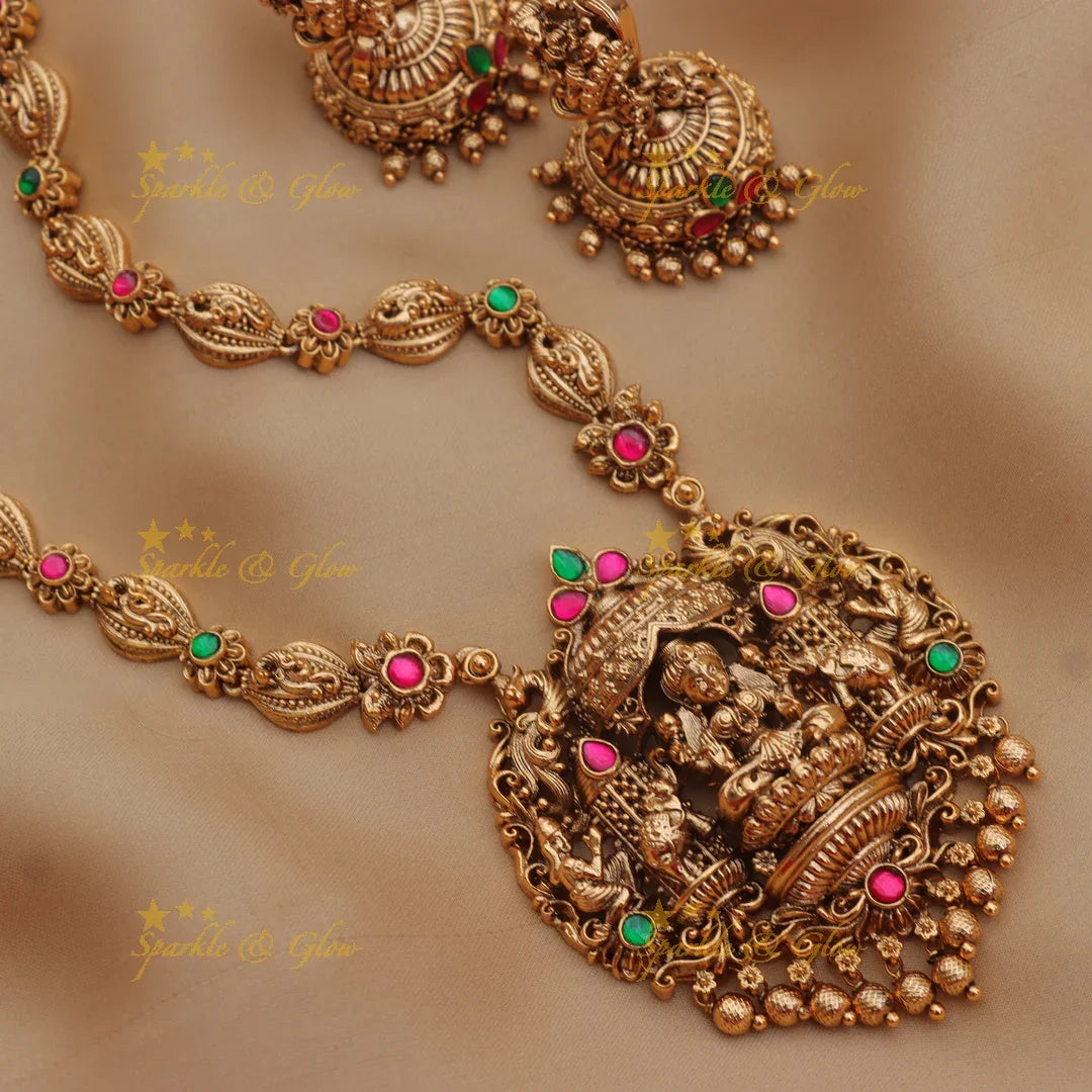 Grand Lakshmi Temple Haram Set with Green Beads & Earrings