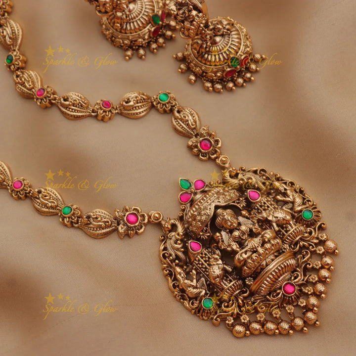 Grand Lakshmi Temple Haram Set with Green Beads & Earrings