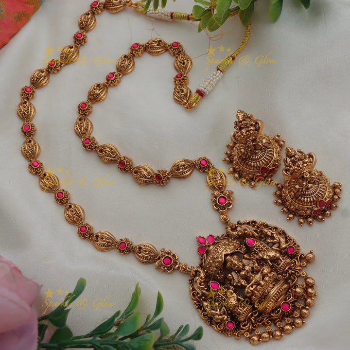 Grand Lakshmi Temple Haram Set with Green Beads & Earrings