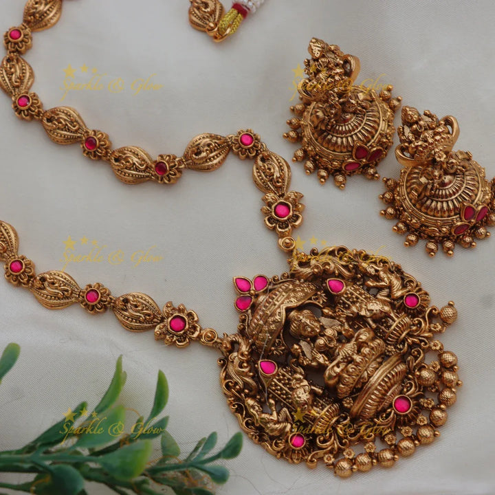 Grand Lakshmi Temple Haram Set with Green Beads & Earrings