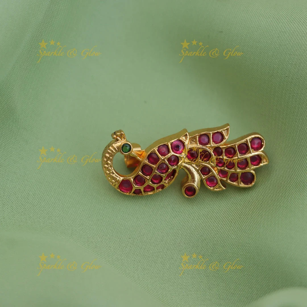 Gold Alike Peacock Saree Pin with Traditional Kemp Stones