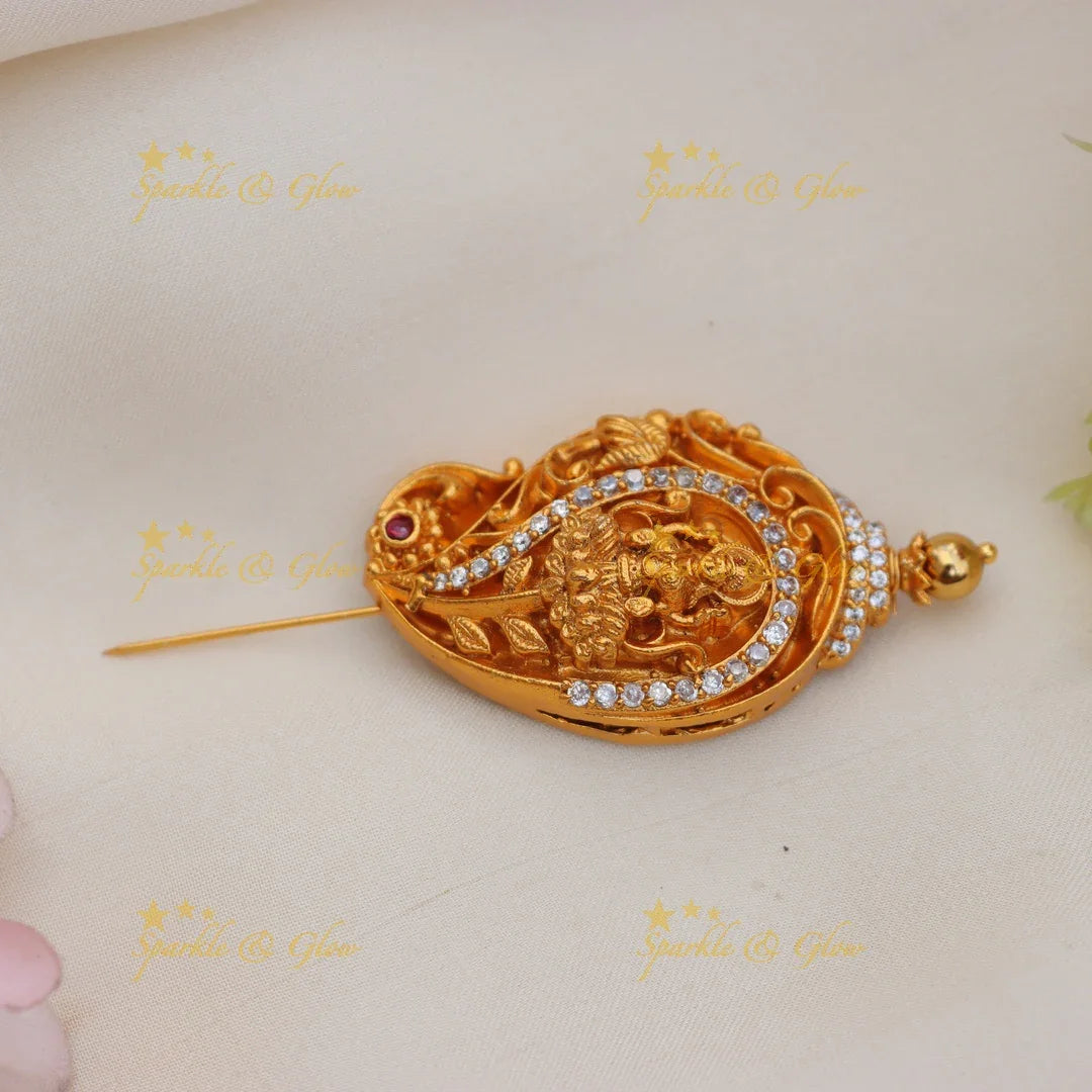 Antique Lakshmi Motif Saree Pin with CZ and Gold alike Finish