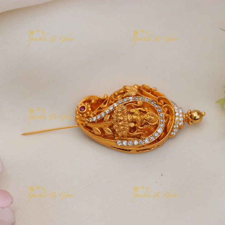 Antique Lakshmi Motif Saree Pin with CZ and Gold alike Finish
