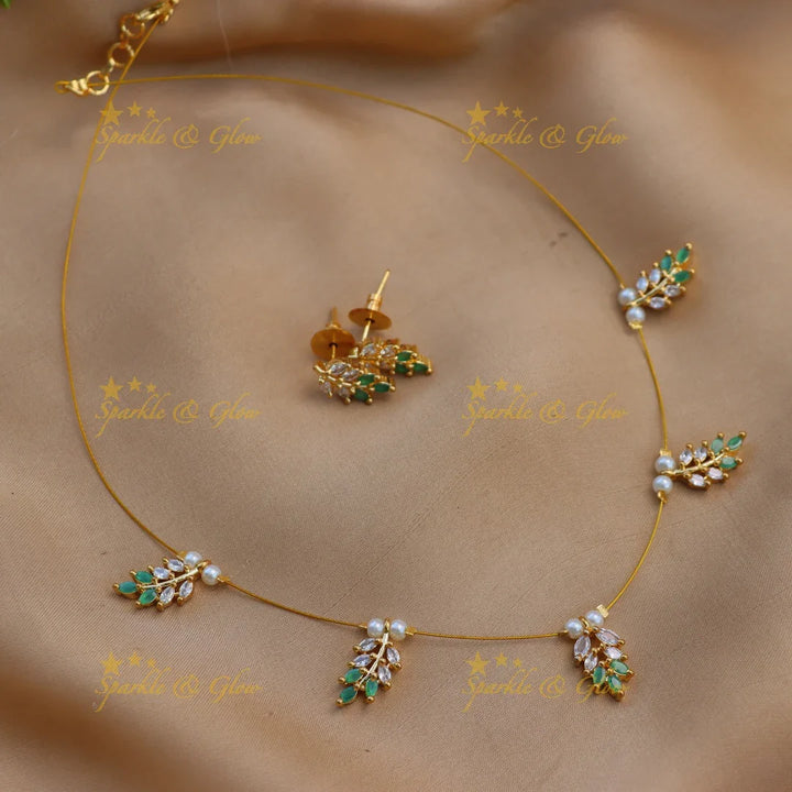 Gracious Leaf Motif AD Invisible Short Necklace Set