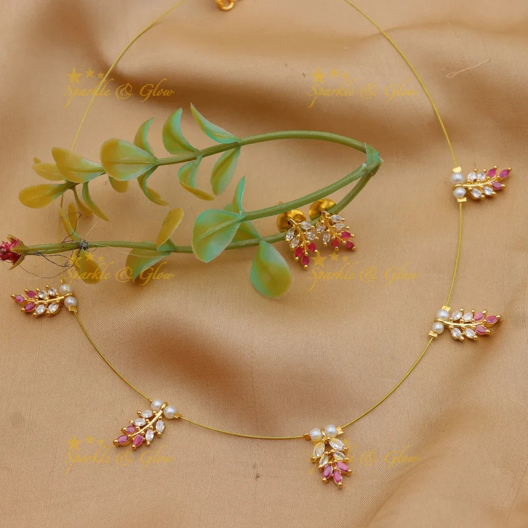 Gracious Leaf Motif AD Invisible Short Necklace Set