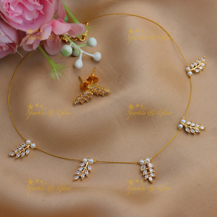 Gracious Leaf Motif AD Invisible Short Necklace Set
