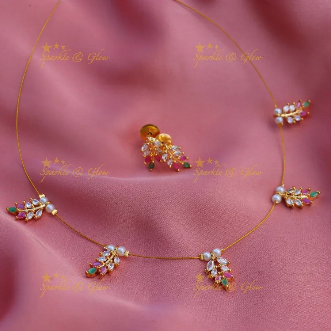 Gracious Leaf Motif AD Invisible Short Necklace Set