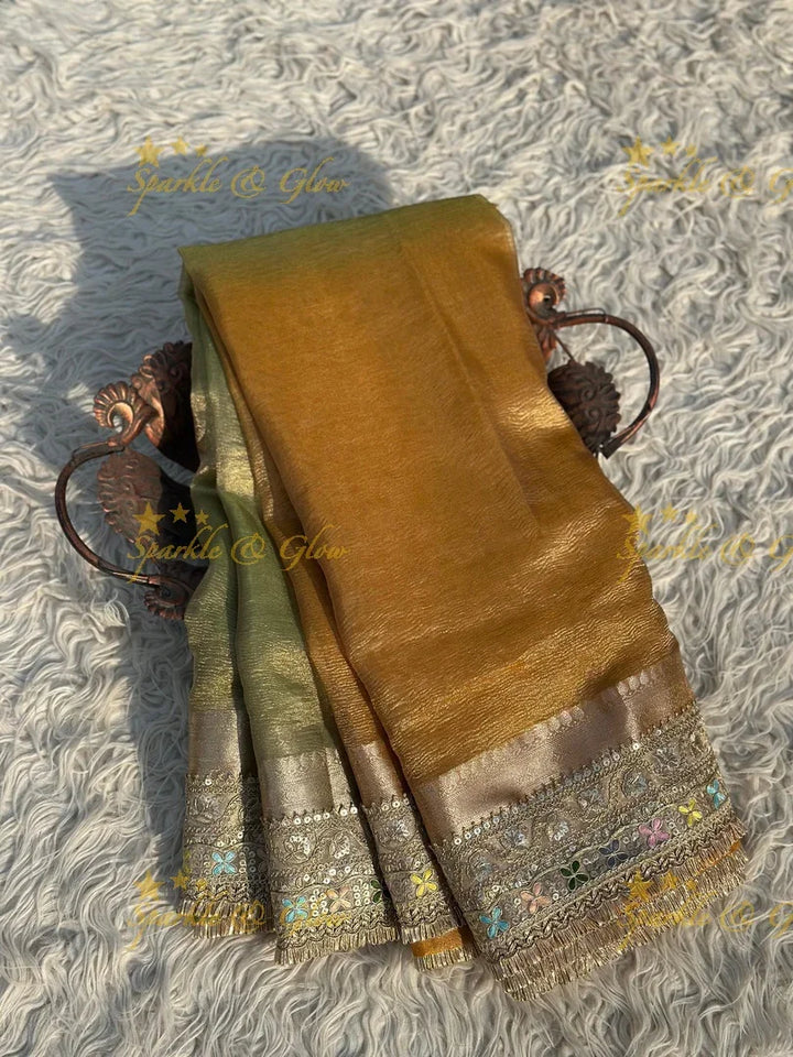Elegant Golden Dual Tone Banarasi Tissue Saree