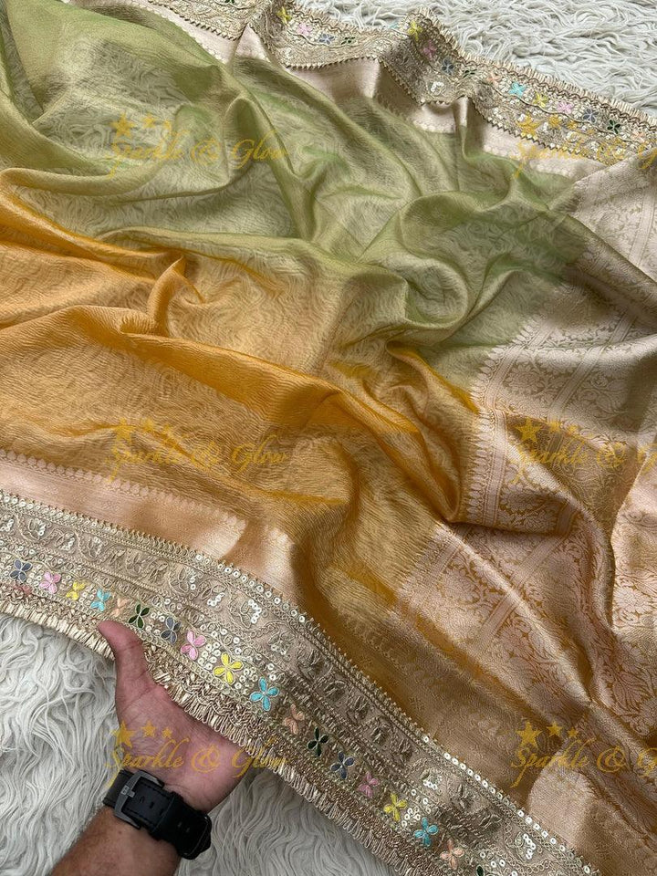 Elegant Golden Dual Tone Banarasi Tissue Saree
