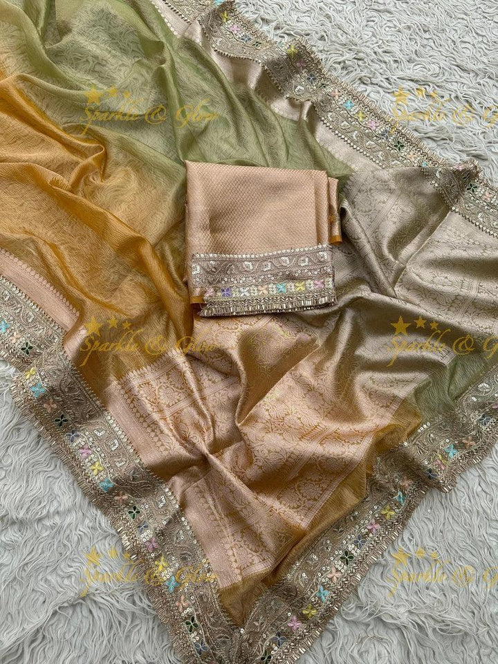 Elegant Golden Dual Tone Banarasi Tissue Saree