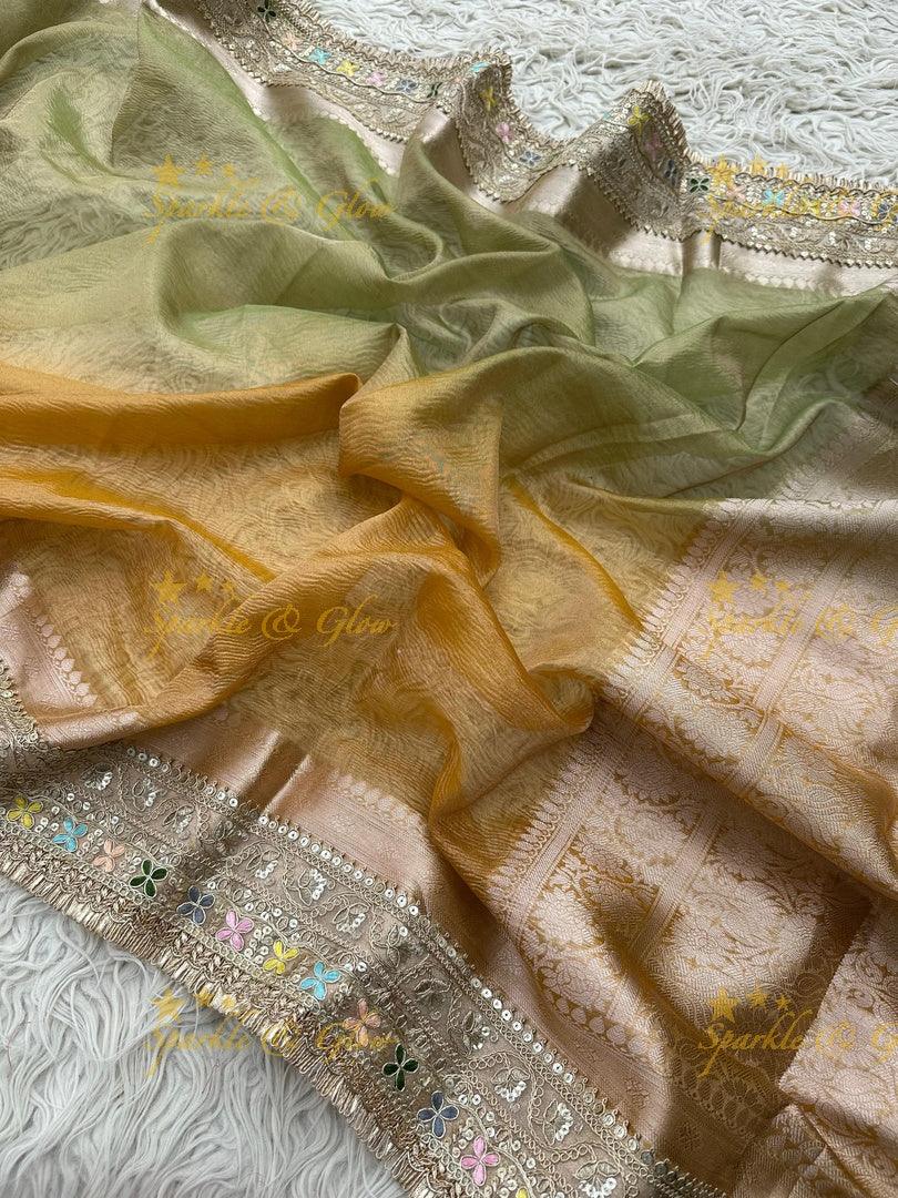 Elegant Golden Dual Tone Banarasi Tissue Saree