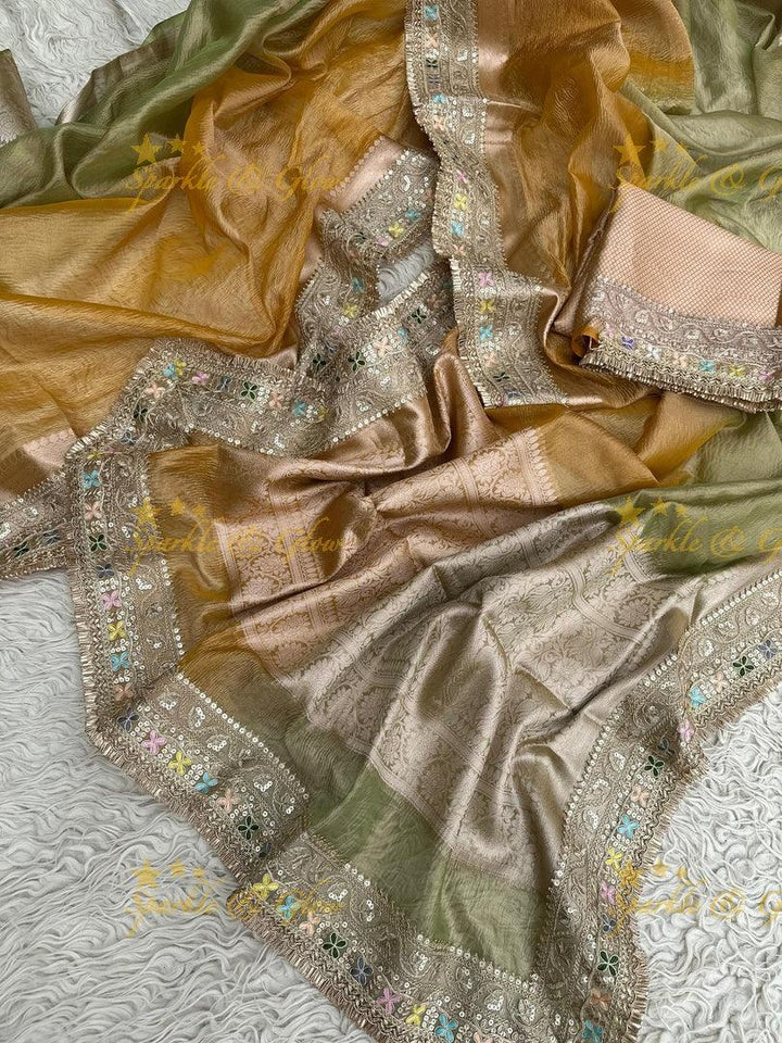 Elegant Golden Dual Tone Banarasi Tissue Saree