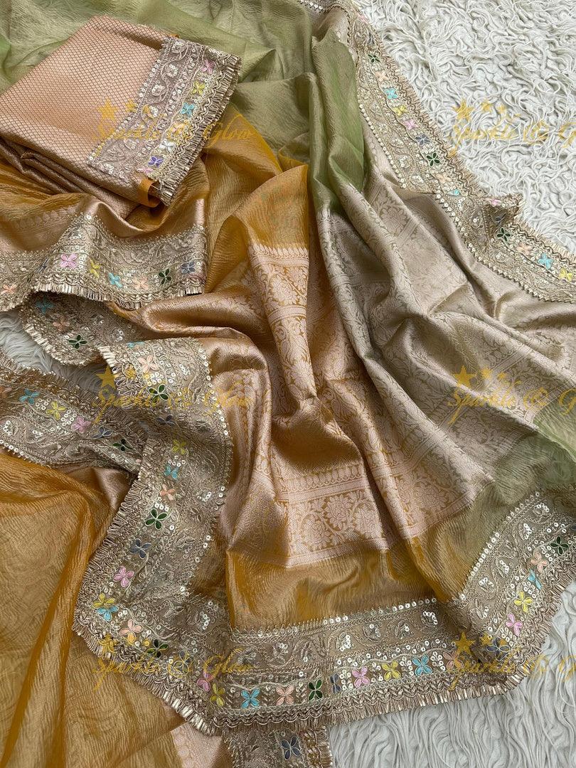 Elegant Golden Dual Tone Banarasi Tissue Saree