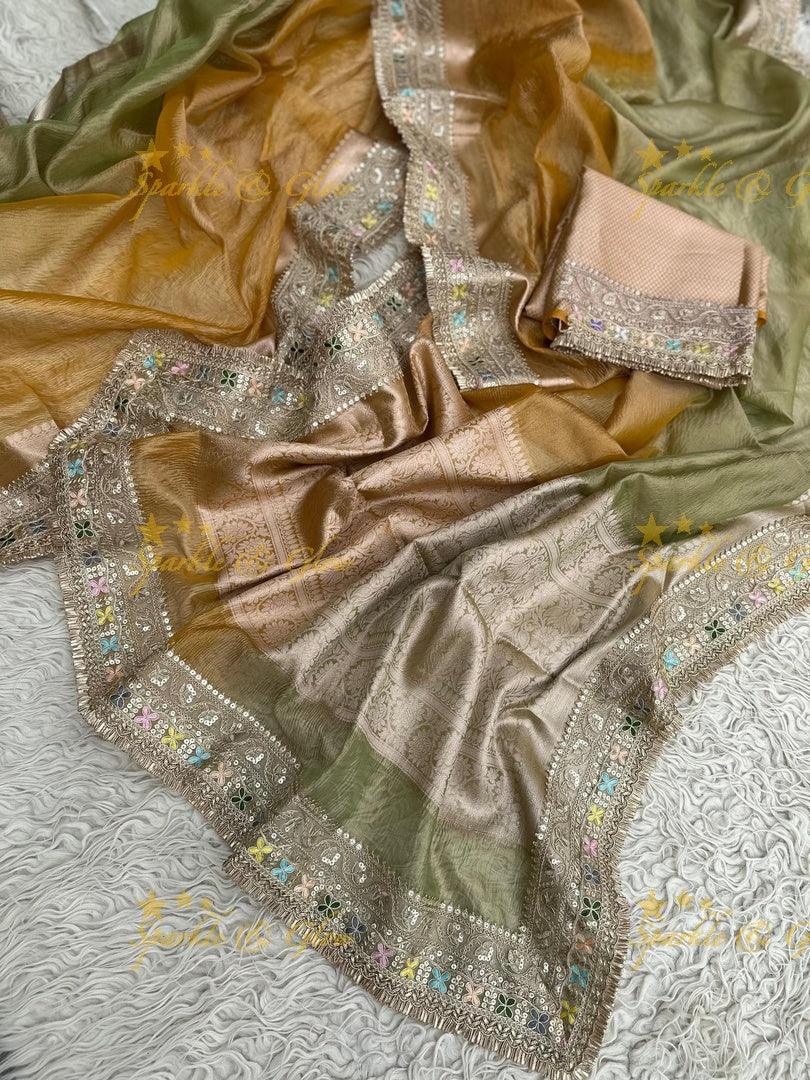 Elegant Golden Dual Tone Banarasi Tissue Saree