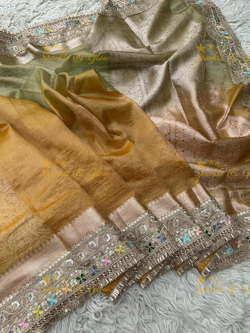 Elegant Golden Dual Tone Banarasi Tissue Saree