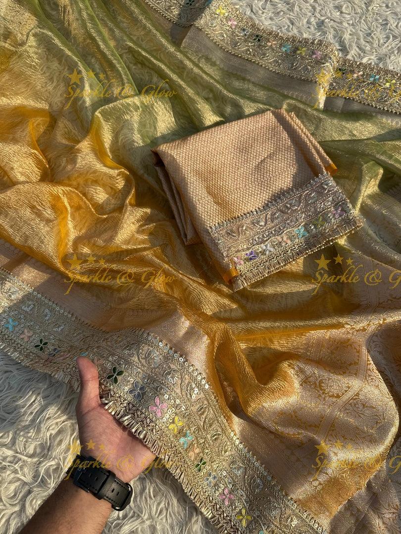Elegant Golden Dual Tone Banarasi Tissue Saree