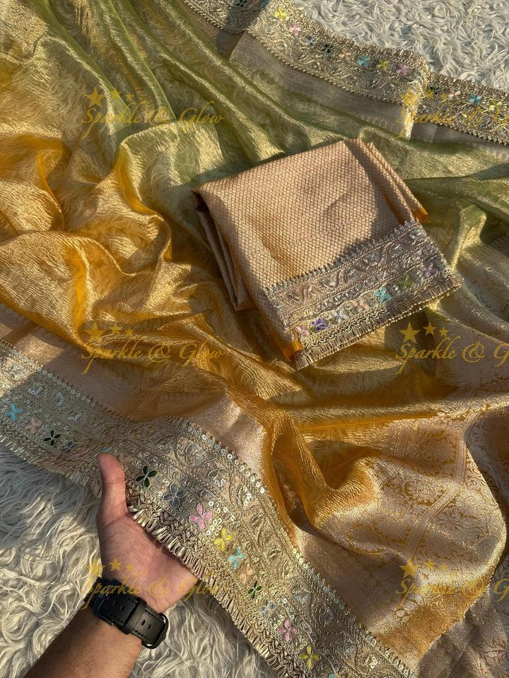 Elegant Golden Dual Tone Banarasi Tissue Saree