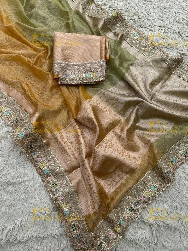 Elegant Golden Dual Tone Banarasi Tissue Saree
