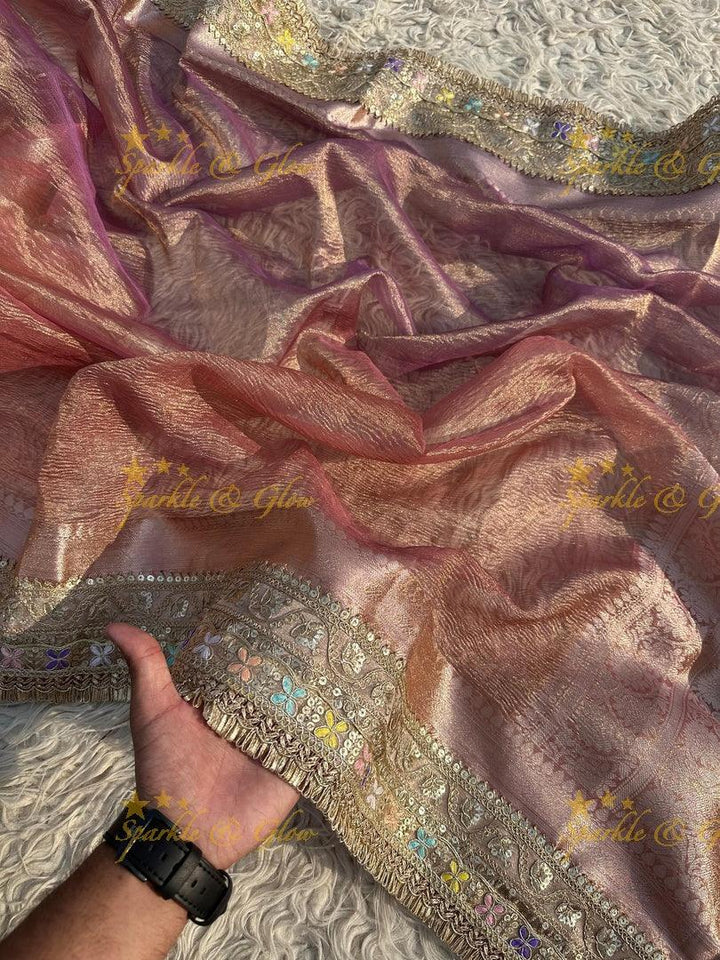 Elegant Golden Dual Tone Banarasi Tissue Saree